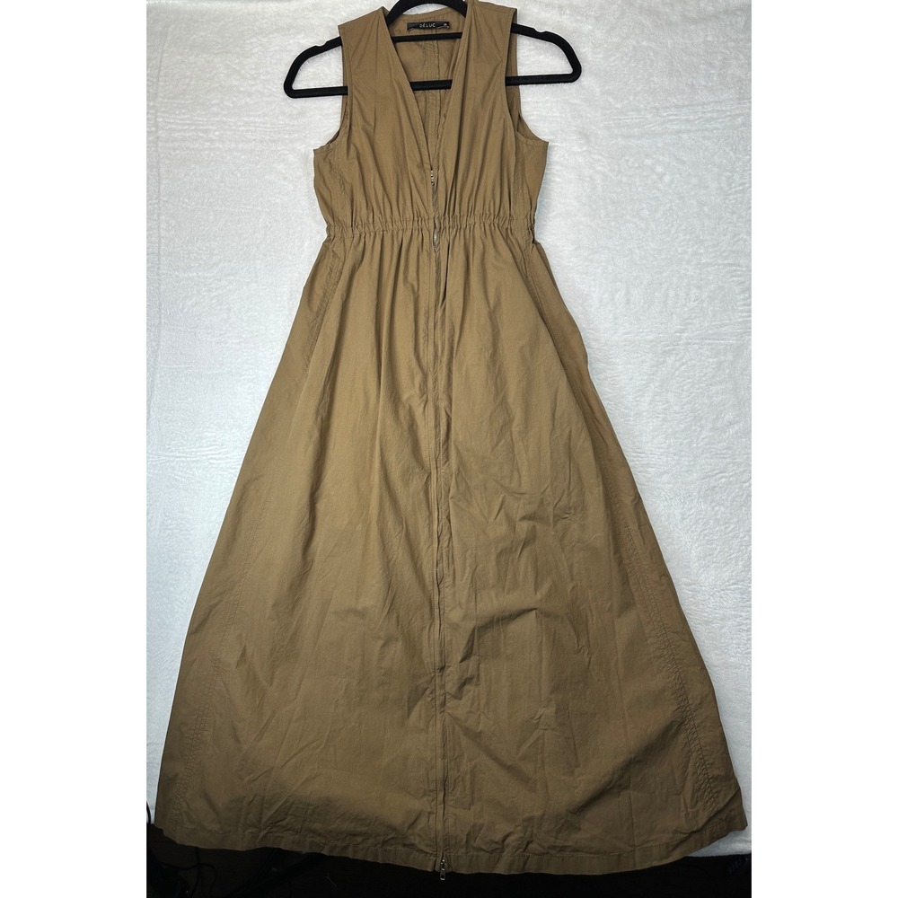 DELUC Maxi Dress Women XS Tan Sleeveless Full Zip Elastic Waist Pockets